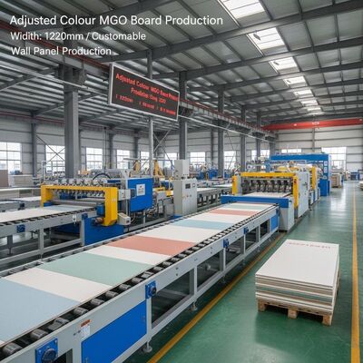 Dây chuyền sản xuất tấm MgO màu điều chỉnh với chiều rộng tấm 1220mm hoặc tùy chỉnh, phù hợp cho sản xuất tấm tường